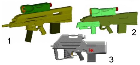 Some of the early OICW configuration alternatives (late 1990s). 1 - combined 5.56mm rifle and 20mm launcher (present configuration); 2 - 20 mm launcher with detachable 4.6mm HK PDW submachine gun; 3 - 20mm launcher in the standalone configuration.